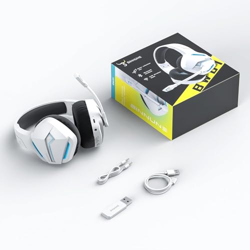 BINNUNE Wireless Gaming Headset for PS5 PC, 120H Ultra-Long Battery, 2.4GHz & Bluetooth 5.3 Wireless Headphones with Noise Canceling Mic, 50mm Drivers, Comfort Over Ear Gaming Headphones,White - color: White