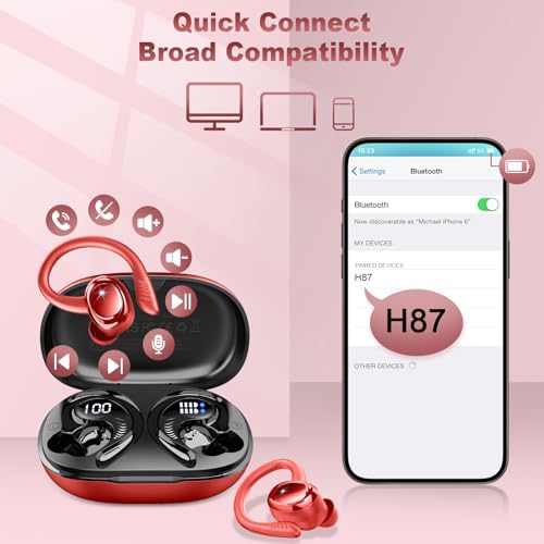 Hupoaf Wireless Earbuds Sport, 2025 Bluetooth 5.4 Headphones with Earhooks, 50H Stereo Deep Bass Over Ear Buds with 4 ENC Noise Canceling Mics, IP7 Waterproof Earphones for Running Workout Gym -Red