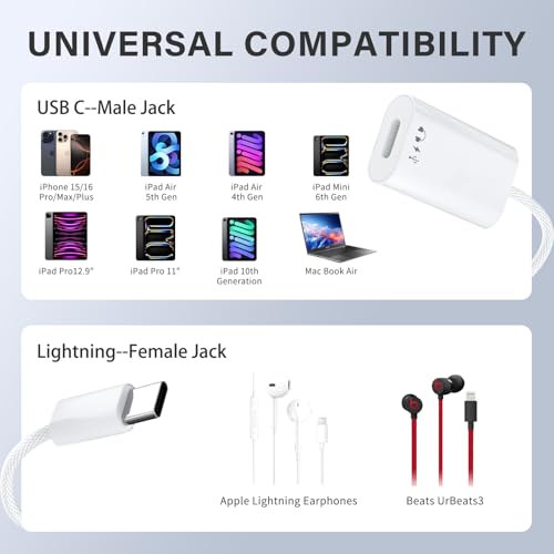 USB C to Lightning Headphone Audio Adapter,Lighting to USBC Adaptor with Earphone &Charge,USB-C to iPhone Converter,Type C to Lightning Cable Adapter for iPhone 17/16/Pro/Max,iPad Pro/Air,MacBook,iMac