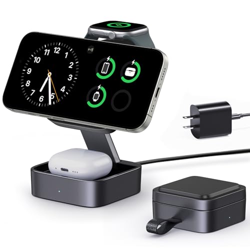 3 in 1 Wireless Charging Station for Apple Devices, Magnetic Foldable Travel Fast Charger Stand Compatible with MagSafe for iPhone Air/17/16/15/14/13/12 Series, Apple Watch & AirPods Pro/4/3/2-Black - color: Black