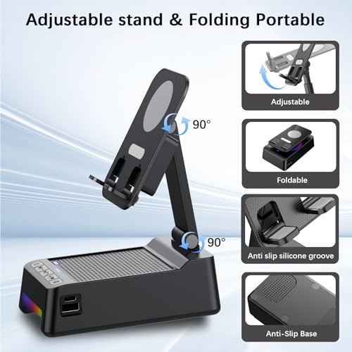 Wireless Induction Speaker 5-in-1 Bluetooth Speaker with Phone Stand, Father's Day Present, Stereo Sound 8 RGB Ambient Light, 360° Rotation Adjustable Desktop Stand for iOS Android - color: Black