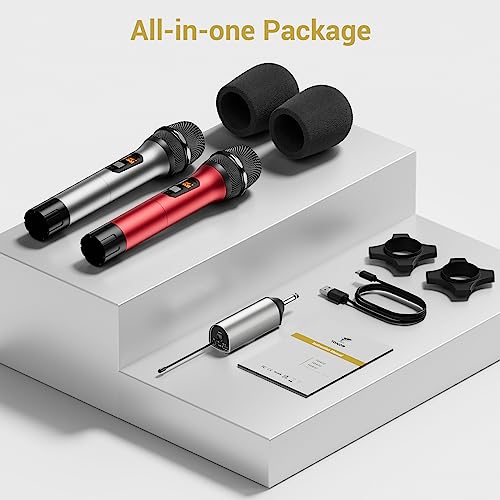 TONOR Wireless Microphones, Cordless Mic with Rechargeable Receiver, 200ft Range UHF Handheld Dynamic Microfonos Inalambricos Professional for Karaoke Singing Party Wedding Church TW630 Silver&Red