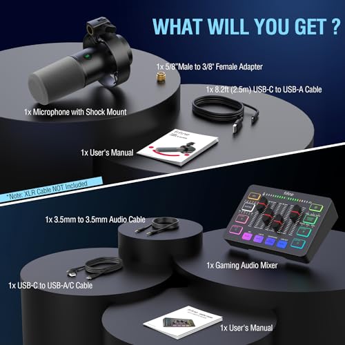 FIFINE Gaming Audio Mixer and XLR/USB Dynamic Microphone Bundle, Streaming 4-Channel RGB Mixer with XLR Microphone Interface,48V Phantom Power for Game, Voice, Podcast, Recording, YouTube (SC3+K688)
