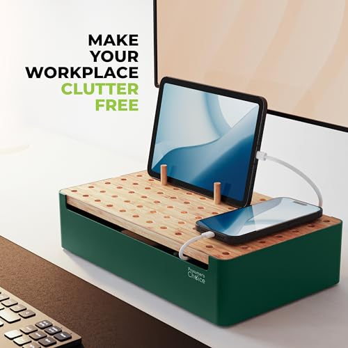 Prosumer's Choice Bamboo Charging Station - Multi Charger Station Organizer - Desk Docking Station for Phones, Tablets, Laptop - Wooden Charging Station with Removable Dividers - Cables Not Included - color: Metal & Bamboo Green
