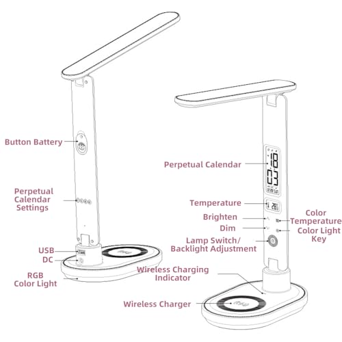 IHAO Luxury Multifunctional LED Desk Lamp10W Qi Wireless Charger Digital Alarm Clock Ambient Light & Temperature Display Adjustable Eye-Care Table Lamp with Leather Texture Design Table Lamp-U20 White - color: Table Lamp UL-U20 White