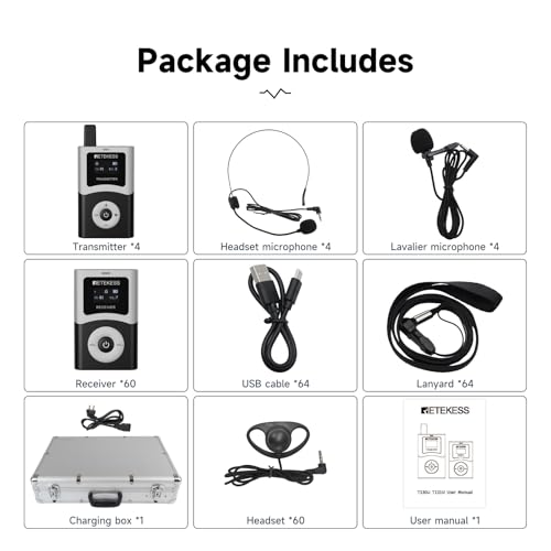 Retekess T130U(4nd Gen T130)Tour Guide System,Tour Guide Headsets(4TX 60RX) | for Tourist Groups, U-Band Digital Mode, 60-Slot Charge Case, 200M, 40H, One-Key Operation, Wireless Connection - style: 4-60