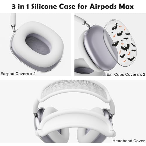 for AirPods Max Headphones Halloween Ear Covers for AirPods Max 2 | Cool Bat Clear Ear Cups Cover | White Silicone Ear Pad Case Headband Cover for Apple AirPods Max 2/1 (2026/2024/2020) - color: Bat A/White