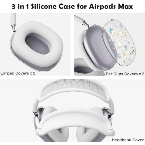 for AirPods Max Headphones Kitten Cat Ear Covers for AirPods Max 2 | Cute Clear Ear Cups Cover | White Silicone Ear Pad Case Headband Cover for Apple AirPods Max 2/1 (2026/2024/2020) - color: Cat B/White