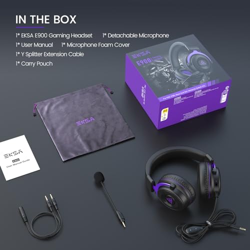 EKSA E900 Gaming Headset with Mic for Xbox PC PS4 PS5 | Detachable Noise Canceling Mic, 3D Surround Sound, Wired Headphone for Gaming, Computer, Laptop, 3.5MM Jack - color: Purple