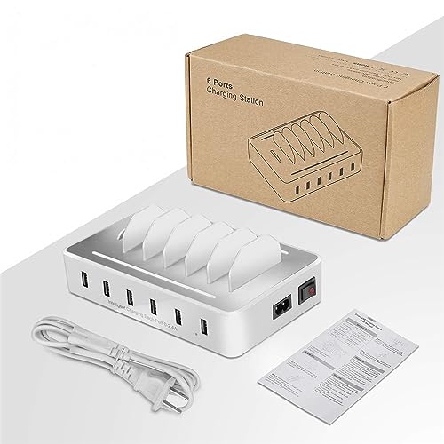 여러 장치용 충전 스테이션, 50W 6 USB 포트 패밀리 충전기, 애플 아이폰 아이패드 및 안드로이드 폰 및 태블릿과 호환 - color: USB 포트 6개 및 화이트