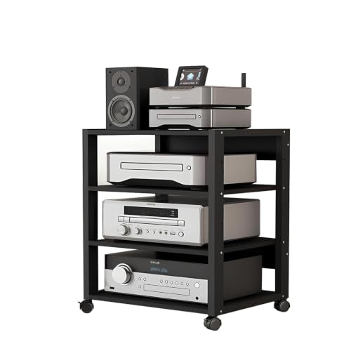 4 Tier Audio Rack Tower, CD Record Player Stereo Receiver AV Equipment Cabinet Display Rack, Weight Capacity 661 lbs, with Adjustable Wooden Shelves for Home (4 Tier Black) - size: 4 Tier Black
