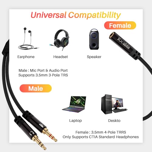 Kxable Headphone Splitter for Computer, 3.5mm Female to Dual 3.5mm Male Audio Splitter Cable, Stereo Jack Earphones Headset to PC Laptop Adapter, 1/8inch 2-in-1 Y Separator Aux Dongle Converters, 3FT - size: 3FT