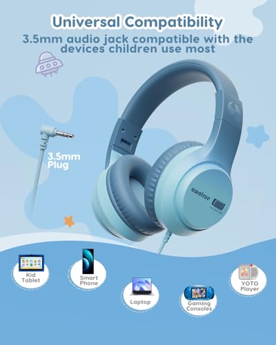 awatrue Kids Headphones for School, 74‑85‑94dB, 3.5mm Jack, HK07 | Foldable Wired Over Ear Headphones, for Toddler School/Travel/iPad/Tablet, Green - color: Green