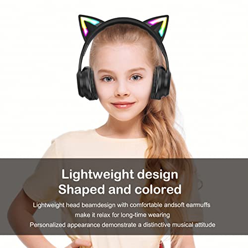 Bluetooth RGB Cat Ear Headphones, Foldable/Built-in Mic, Black | Wireless/wired, clear Hi-Fi sound, breathing lights, for kids/adults/boys/school/gaming, works with phone/laptop/PC/tablet - color: Black