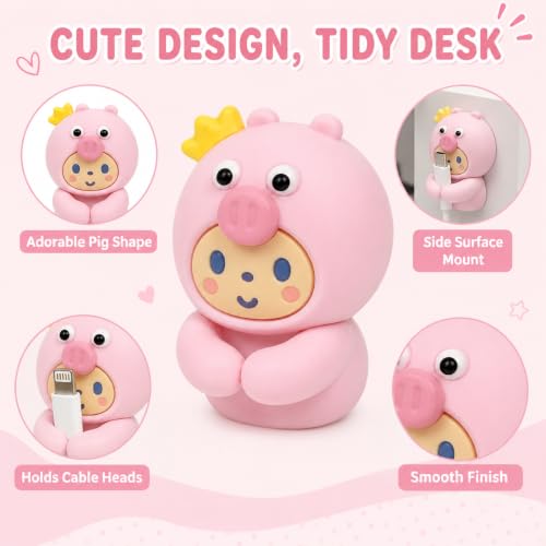 Adorable Pink Piggy with Crown Cable Organizer (2-Pack), Cute Cartoon Cable Clips, Self-Adhesive Wire Holder for Desk, Nightstand, Home & Office Cable Management - color: pink-1