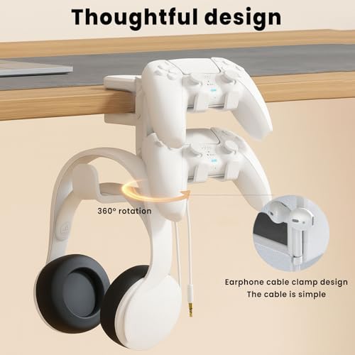 Rotating Headphone Stand with 360° Swivel - Adjustable Clamp-on Under Desk Headset Holder, Universal Gaming & Office Headphone Hanger (Black) - color: Black