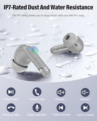 Btootos Wireless Earbuds, Bluetooth 5.4 Headphones Bass Stereo, Ear Buds with Noise Cancelling Mic, IP7 Waterproof in Ear Earphones, 36H LED Display Bluetooth Earbuds for Laptop Pad Phones, Fog Gray | Ear Buds with Noise Cancelling Mic LED Display, 36H, I