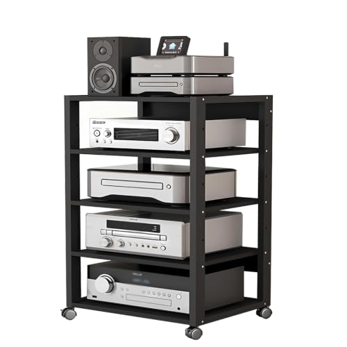 5 Tier Audio Rack Tower, CD Record Player Stereo Receiver AV Equipment Cabinet Display Rack, Weight Capacity 661 lbs, with Adjustable Wooden Shelves for Home (5 Tier Black) - size: 5 Tier Black
