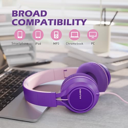 아동용 유선 헤드폰, 마이크 포함, 여학생, 3.5mm, 퍼플 핑크 | 온 이어 헤드셋 및 볼륨 컨트롤 접이식 유선 컴퓨터 크롬북 어린이 청소년 교실 온라인 학습 여행용 - color: 퍼플 핑크, size: 미디엄