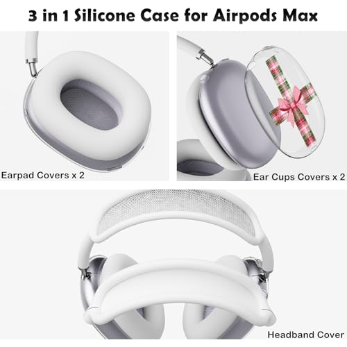 for AirPods Max Headphones Christmas Ear Covers for AirPods Max 2 | Checkered Bow Clear Ear Cups Cover | White Silicone Ear Pad Case Headband Cover for Apple AirPods Max 2/1 (2026/2024/2020) - color: Bow/White