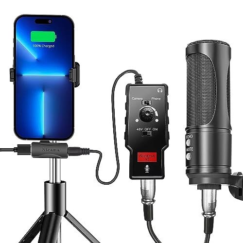 V2 XLR Female to 3.5mm TRS TRRS Adapter Cable for Shotgun or Condenser Rode Sennheiser Microphone, Mic Preamp with 48V Phantom Power Supply for iPhone iPad DSLR Camera (Not for Canon T5, 6 7)