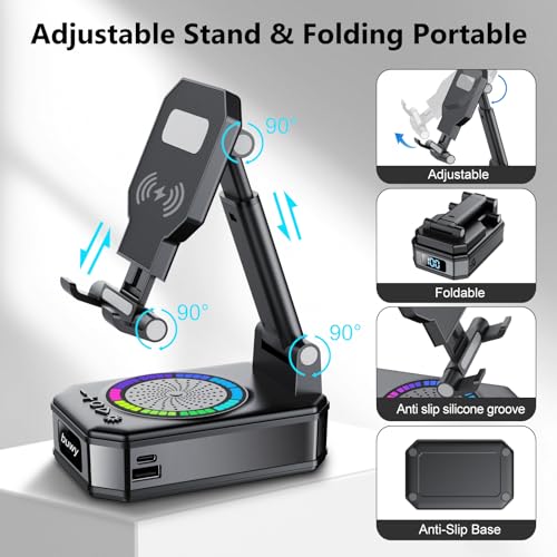 Birthday Gifts for Men Women Teens, Wireless Charger Phone Stand with Bluetooth Speaker, Phone Charger Stand with LED Lights, Anti-Slip Base Adjustable for iOS Android Father's Day Best Gifts - color: Matte Black