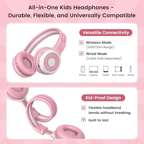 SIMOLIO Manyshare Bluetooth Kids Headphones with Microphone for School,Pink - color: Pink