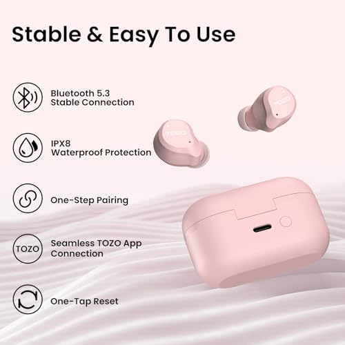 TOZO NC9 Hybrid Active Noise Cancelling Wireless Earbuds, 60H, LED Display | 6 Mic ENC Clear Calls, Deep Bass Sound, IPX8, in Ear Bluetooth 5.3 Headphones,32 EQs via APP, Comfort Fit Ear Buds, Pink - color: Pink