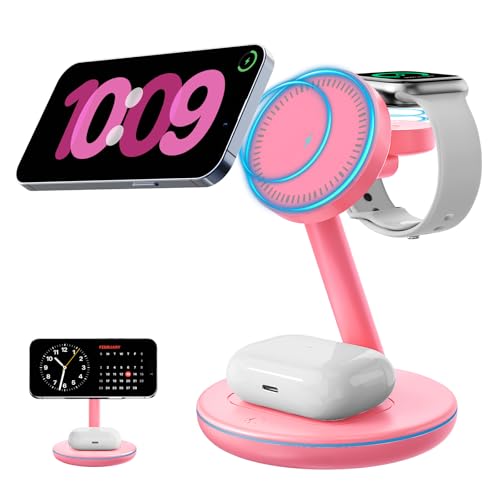 2026 3 in 1 Charging Station for Apple iPhone AirPods Watch with Mag-Safe Charger Wireless Charger Stand for iPhone 17 16 15 14 13 12 Series AirPods iWatch Series - Gifts for Wife & Husband(Rose Red) - color: Red
