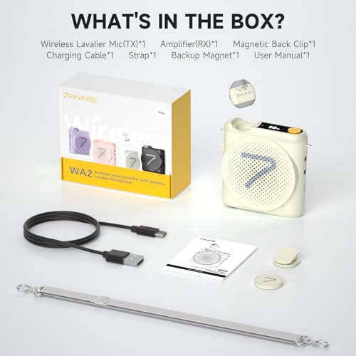 7RYMS WA2 Wireless Voice Amplifier for Teachers with Magnetic Lavalier Mic, Wireless Portable Amplifier with Noise Canceling, Mini Voice Amplifier for Classroom, Meeting, Training, Speech (White) - color: White