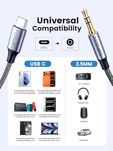 MOSWAG USB C to 3.5mm Stereo Audio Cable 9.84FT/3M, USB C to 3.5mm Audio Stereo Cord for Car Headphone Aux Cable Compatible with iPhone 17 16 Pro Max, Galaxy S25 S24 S23 Ultra iPad Pro Air Pixel 9 8 - size: 9.84FT/3M