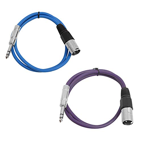 Seismic Audio - SATRXL-M3-2 Pack of 3 Foot 1/4 Inch TRS to XLR Male Patch Cables - Balanced - 3 Foot Patch Cord - Blue and Purple - color: Blue and Purple