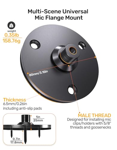 Gooseneck Mic Flange Mount with Anti-Slip Pad, 5/8 Male Thread, Metal Base | Compact Design for Church/Podium/Studio/Podcast/Lecture/Broadcast/Streaming, Sturdy Metal/Non-Slip Pad, With 5/8-3/8 Adapter