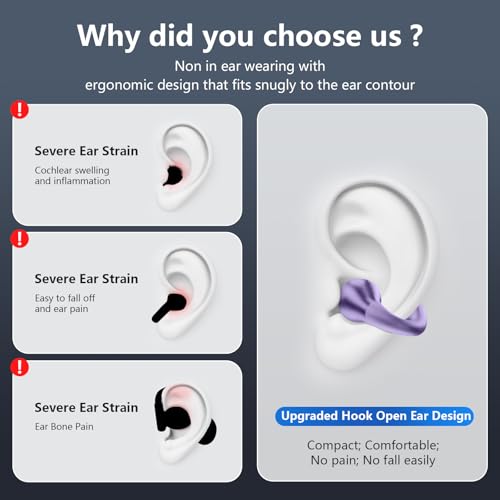 Ultra Open Ear Headphones Bluetooth 5.3 Wireless Bone Conduction Clip On Earbuds with Digital Display Charging Case 60 Hours Playtime Sport Earphones IPX7 Waterproof for Running Fitness Purple