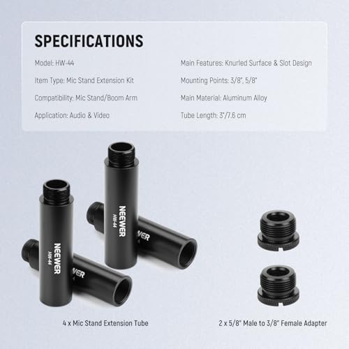 NEEWER Mic Stand Extension Accessories Kit 6 Pieces, Aluminum Alloy Microphone Holder Extender Buffer Tubes & 5/8" Male to 3/8" Female Screw Thread Mount Adapters for Boom Arm Desk Stand, HW-44