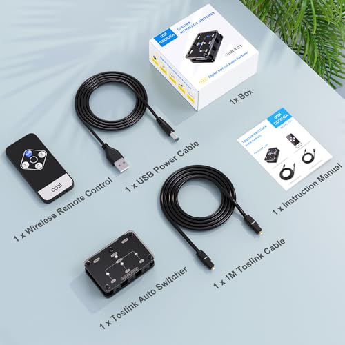 Toslink Automatic Switch Digital Optical Switcher 3 in 1 Out | Supports 192k/24Bit PCM2.0 DTS Dolby-AC3, Compatible with HDTV/Xbox/Blu-Ray Player/PS