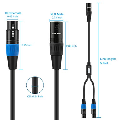 JOLGOO XLR Splitter - Dual XLR Female to Male Y Splitter Microphone Cable, 5 Feet - size: 5 Feet, style: XLR Male to Dual XLR Female