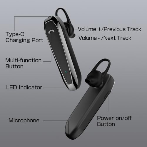 Bluetooth Headset, V5.3 Wireless Handsfree Earpiece with Noise Cancelling Mic, 33 Hours Talking Time, Single Ear Headset Compatible with iPhone Android Cell Phones for Driving Business(Black)
