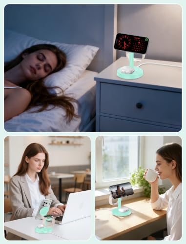 Aeinidi 2026 3 in 1 Wireless Charging Station Compatible with MagSafe, 15W Fast Magnetic Mag-Safe Charger Stand for Apple iPhone 17 16 15 14 13 12 iWatch AirPods Pro 4 3 2, LightGreen - color: LightGreen