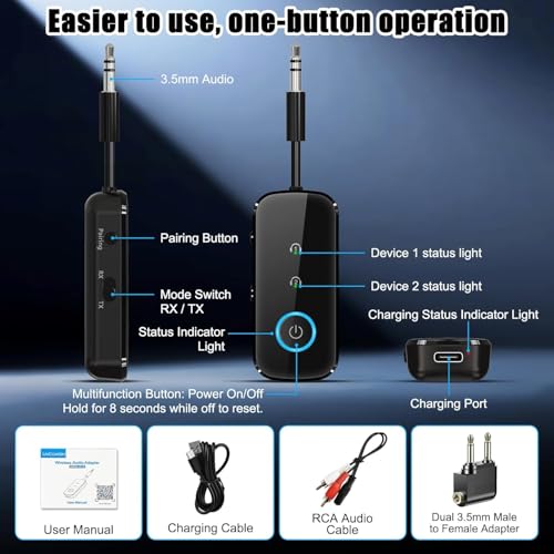 2-in-1 Bluetooth 5.4 Transmitter Receiver,Airplane Audio Adapter,Wireless Transmitter for TV/PC/Gym/Switch. Supports up to 2 AirPods/Headphones,Bluetooth Receiver for Car/Home Stereo (Ebony) - color: Ebony