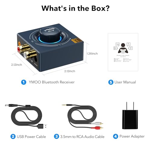 YMOO LDAC Bluetooth 5.3 Receiver for Home Stereo/Speaker with AUX 3.5mm/RCA | HiFi Wireless Audio Adapter w/aptX HD/LL, Works with Smartphones and Tablets, Bluetooth Audio Receiver with Volume Control