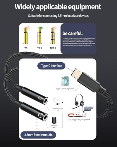 Headset Splitter Adapter USB C to 3.5mm Aux Headphone Microphone for Iphone 17 16 15 Pro Max (2in1) Audio Jack Cable Type C Cell Auxiliary Car Auxiliar Sound Dual Connection Android Speaker Galaxy S23