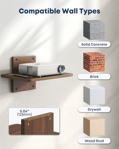 Floating TV Projector Shelf Wall Mount - 1 Tier Wooden Shelf, Walnut Brown | Home Decor, Cable Management, DVD Player, Router, Game Console, Cable Box, Play Station, Holds Up to 22lbs per Shelf - size: 1-Tier Shelf