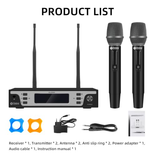Debra Wireless Microphone System, UHF Dual Handheld Metal Mics with LCD Screen, 262ft Long Range, Cardioid Dynamic Mic for Clear Vocal, XLR/6.35mm Output for Karaoke, Party, Church, Live Performance