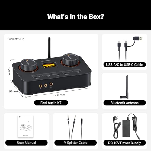 Fosi Audio K7 DAC Headphone Amp, Desktop Headphone Amplifier for Gaming PC PS5 Switch, PCM 384kHz/32bit, 2100mW, USB C/Bluetooth aptX HD LL/Optical/Coaxial/Mic Input, 4.4mm Balanced/3.5mm/RCA Output - color: Black