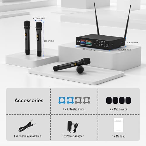 Wireless Microphone System, Pro 4 Channel UHF Mics Set with Metal Cordless Handheld Mics & Receiver, 200 Adjustable Frequency, 300ft Range for Singing, Church, Karaoke, Party - size: 4 Mics