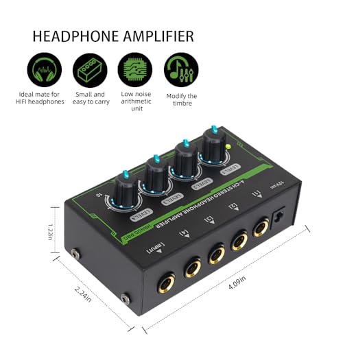 Headphone Amplifier 4 Channel Stereo Headphone Amp Mini Audio Amplifier with Power Adapter DC 12V 6.35mm Input/Output Interface Portable Earphone Amp Splitter for Stage Studio