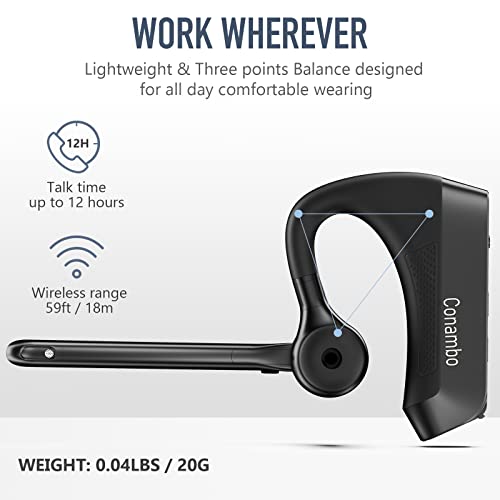 Conambo K21 Bluetooth Headset V5.1, Bluetooth Earpiece with CVC 8.0 Dual Mic Noise Cancelling Wireless Headphone - Mute & Volume Buttons 16Hrs Talking for iOS Android Cell Phone, Trucker, Office Work