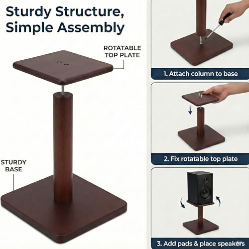 Desktop Speaker Stands Made of Pure Solid Wood, Natural Style, 360° Rotatable Top Plate, Suitable for Medium/Large Tabletop Speakers and Studio Monitors (WalnutBrown Finish_DSS7(7 inch))