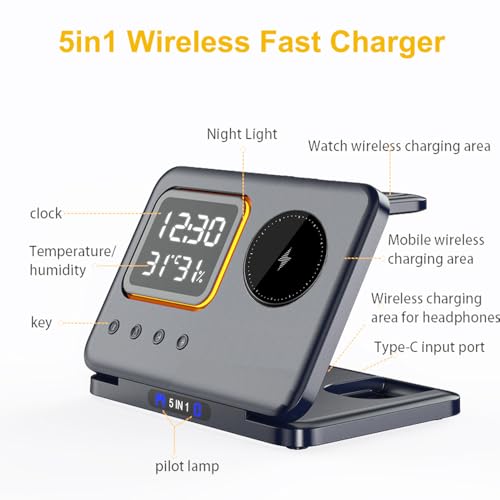 IHAO 5in1 Multi Functional Wireless Charger with Digital Clock 15W Fast Charge Night Light Temperature Display MagSafe Compliant for iPhone iWatch and Qi Headphone-DH13 Black - color: 5IN1 MagSafe Compliant DH13 Black